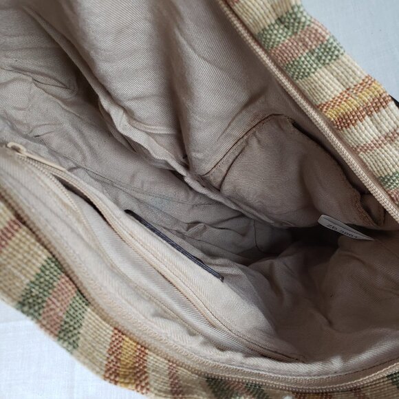 Fossil Hobo Bag Woven Brown Neutral Stripe Canvas Fabric Shoulder Purse - Picture 8 of 11